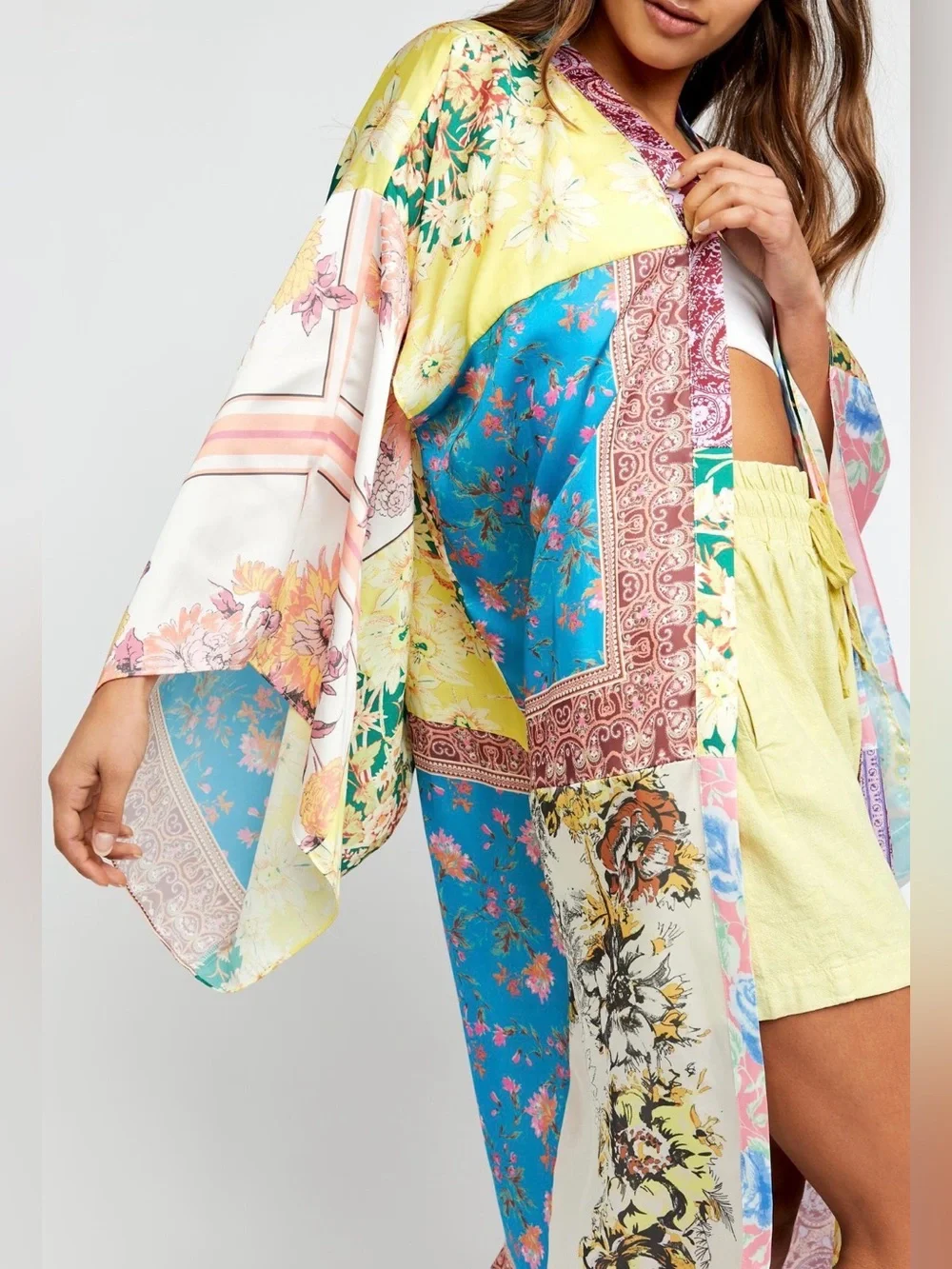 Free people Patch with love Satin Kimono Robe - Pink Multi - Picture 3 of 9